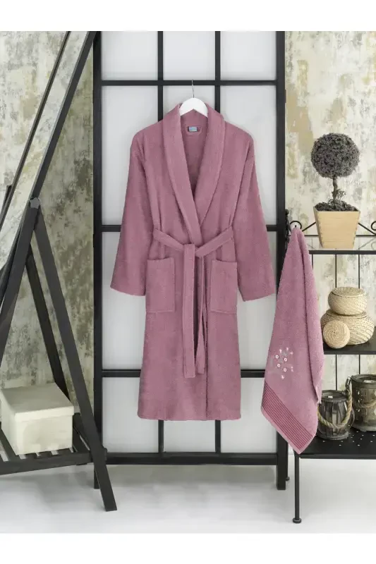 Cotton Embroidered 4 Piece Family Bathrobe Set | Bathrobe Set | Dowry Set | Plum | Gray-PLUM - 2