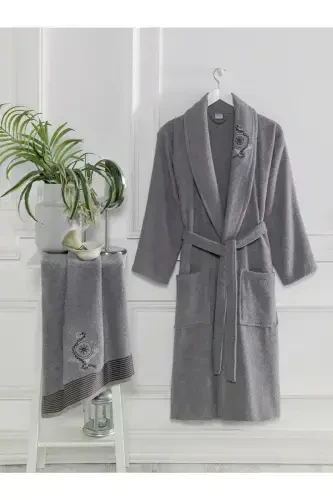 Cotton Embroidered 4 Piece Family Bathrobe Set | Bathrobe Set | Dowry Set | Plum | Gray-PLUM - 3