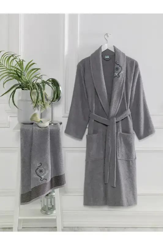 Cotton Embroidered 4 Piece Family Bathrobe Set | Bathrobe Set | Dowry Set | Plum | Gray-PLUM - 3