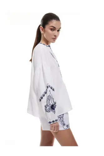 Cotton Ethnic Patterned Embroidered Mandarin Collar 3/4 Sleeve Tunic - 1