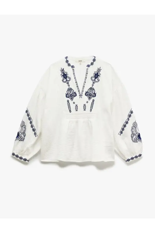 Cotton Ethnic Patterned Embroidered Mandarin Collar 3/4 Sleeve Tunic - 3