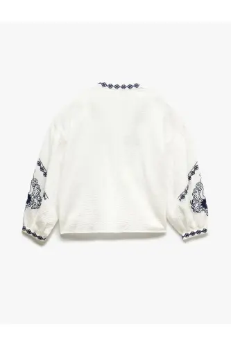 Cotton Ethnic Patterned Embroidered Mandarin Collar 3/4 Sleeve Tunic - 4