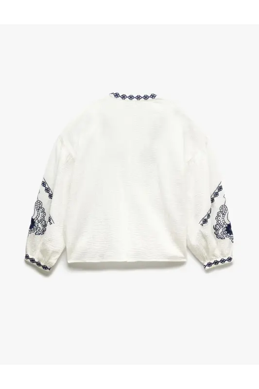 Cotton Ethnic Patterned Embroidered Mandarin Collar 3/4 Sleeve Tunic - 4