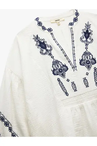 Cotton Ethnic Patterned Embroidered Mandarin Collar 3/4 Sleeve Tunic - 5