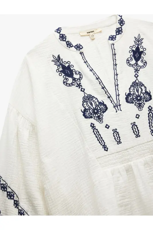 Cotton Ethnic Patterned Embroidered Mandarin Collar 3/4 Sleeve Tunic - 5