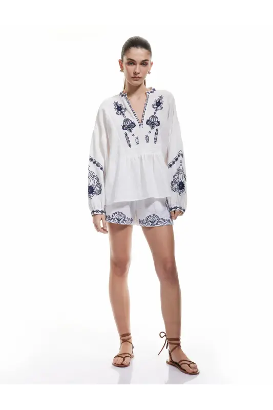 Cotton Ethnic Patterned Embroidered Mandarin Collar 3/4 Sleeve Tunic - 2