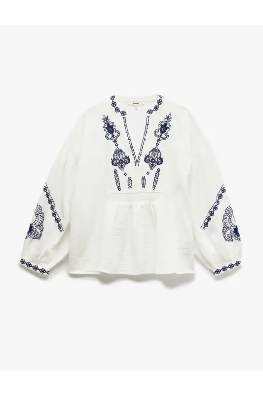 Cotton Ethnic Patterned Embroidered Mandarin Collar 3/4 Sleeve Tunic - 3