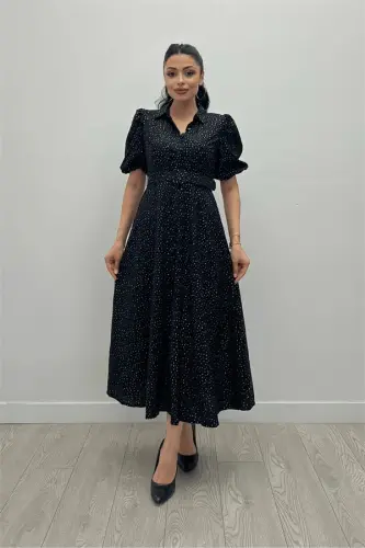 Cotton Fabric Button Detailed Shirt Dress - BLACK - 1