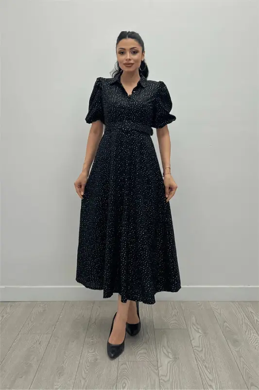 Cotton Fabric Button Detailed Shirt Dress - BLACK - 1