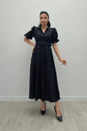 Cotton Fabric Button Detailed Shirt Dress - BLACK - BÜYÜKBEDENIZ (1)