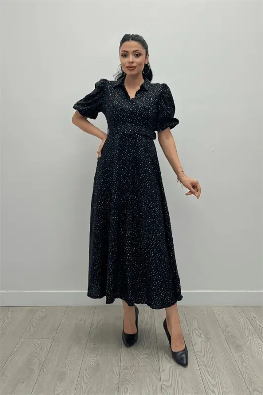 Cotton Fabric Button Detailed Shirt Dress - BLACK - 2