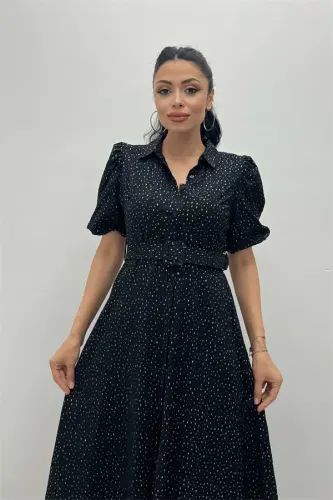 Cotton Fabric Button Detailed Shirt Dress - BLACK - 3