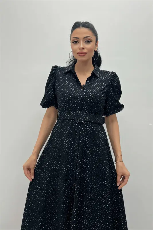 Cotton Fabric Button Detailed Shirt Dress - BLACK - 3