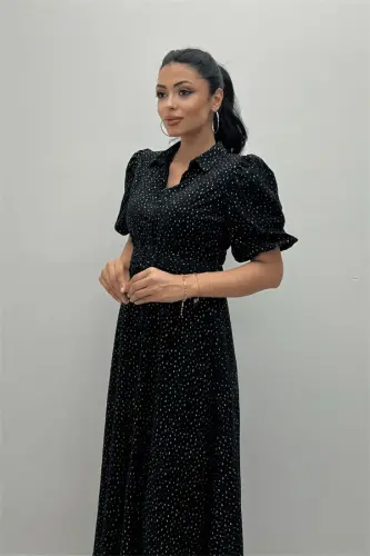 Cotton Fabric Button Detailed Shirt Dress - BLACK - 4