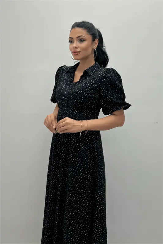 Cotton Fabric Button Detailed Shirt Dress - BLACK - 4