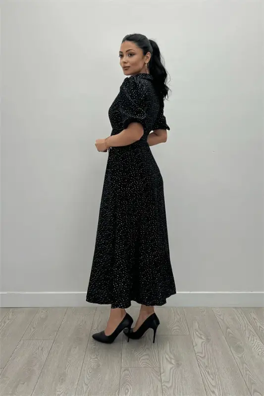 Cotton Fabric Button Detailed Shirt Dress - BLACK - 5