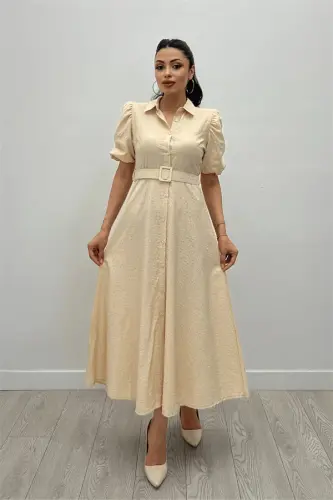 Cotton Fabric Button Detailed Shirt Dress - CREAM - 1