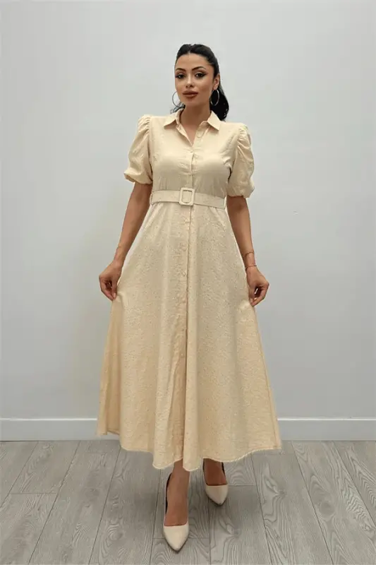 Cotton Fabric Button Detailed Shirt Dress - CREAM - BÜYÜKBEDENIZ