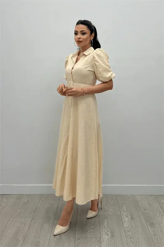 Cotton Fabric Button Detailed Shirt Dress - CREAM - 2