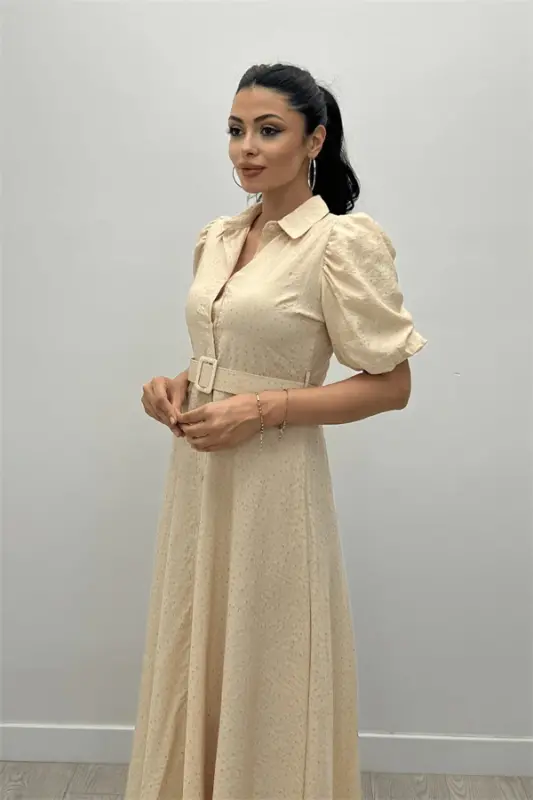Cotton Fabric Button Detailed Shirt Dress - CREAM - 3