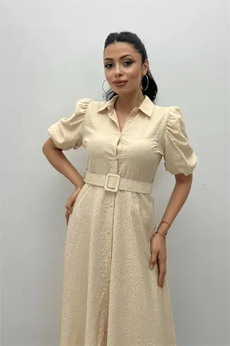 Cotton Fabric Button Detailed Shirt Dress - CREAM - 4