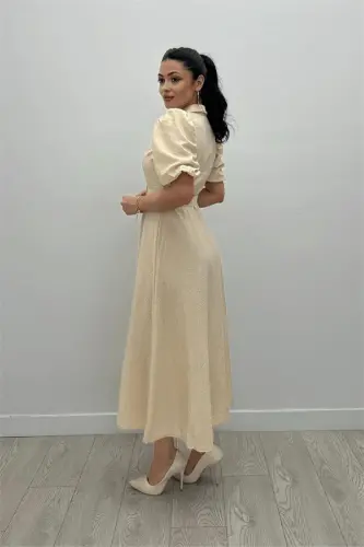 Cotton Fabric Button Detailed Shirt Dress - CREAM - 5