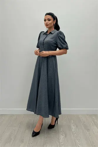 Cotton Fabric Button Detailed Shirt Dress - GRAY - BÜYÜKBEDENIZ (1)