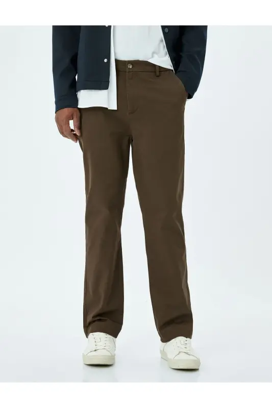 Cotton Gabardine Pocket Detailed Chino Pants-Coffee - 3