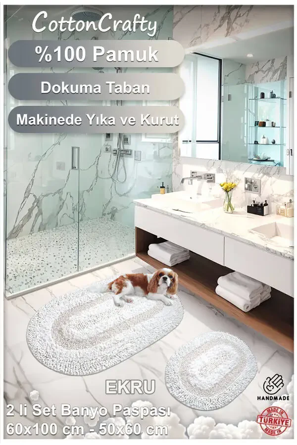 Cotton Hand Tufted Absorbent Bath Mat Set, Cottonway 2-Piece Set 60x100 - 60x50 - 3