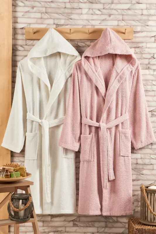 Cotton Hooded 2 Piece Bathrobe Set-Cream - 1