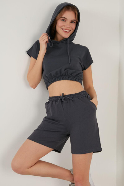 Cotton Hoodie with Pocket Crop Top and Bottom Set 5864922 - 9