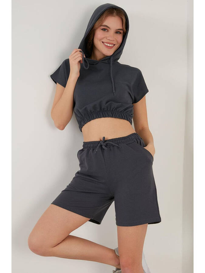 Cotton Hoodie with Pocket Crop Top and Bottom Set 5864922 - 4