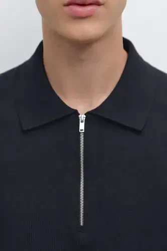 Cotton knit checkered polo collar t-shirt-DARK NAVY - 1