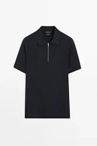 Cotton knit checkered polo collar t-shirt-DARK NAVY - 3