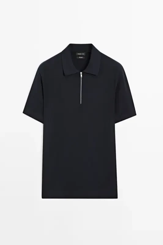 Cotton knit checkered polo collar t-shirt-DARK NAVY - 3