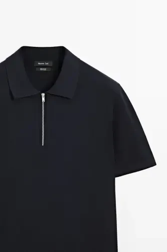 Cotton knit checkered polo collar t-shirt-DARK NAVY - 4