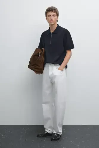 Cotton knit checkered polo collar t-shirt-DARK NAVY - 7