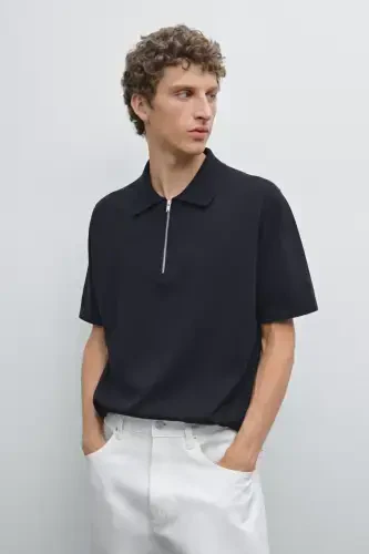 Cotton knit checkered polo collar t-shirt-DARK NAVY - 8