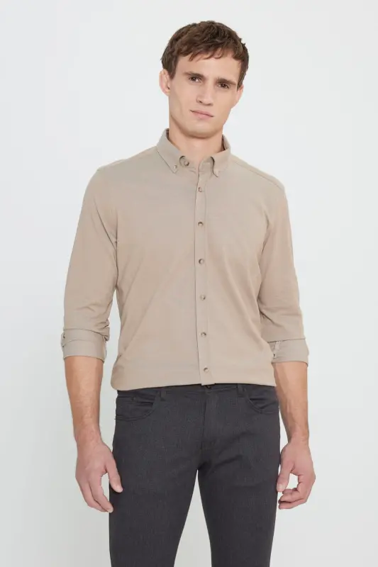 Cotton Knit Slim Fit Narrow Cut Buttoned Collar Light Blue Shirt-VISON - 1