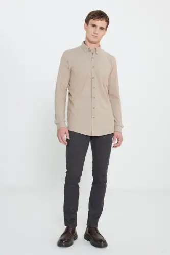 Cotton Knit Slim Fit Narrow Cut Buttoned Collar Light Blue Shirt-VISON - ALTINYILDIZ CLASSICS (1)
