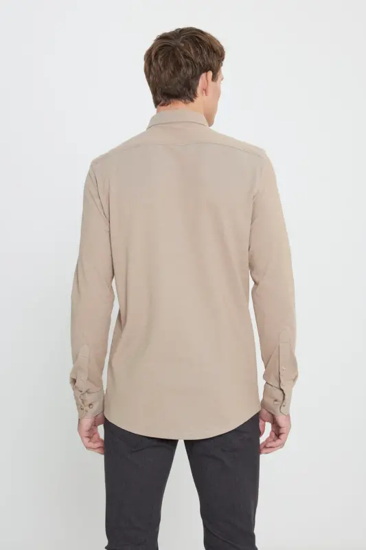 Cotton Knit Slim Fit Narrow Cut Buttoned Collar Light Blue Shirt-VISON - 5
