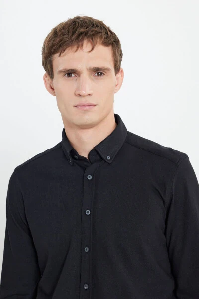 Cotton Knitted Slim Fit Narrow Cut Buttoned Collar Light Blue Shirt - 4