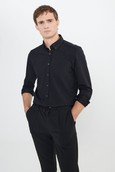 Cotton Knitted Slim Fit Narrow Cut Buttoned Collar Light Blue Shirt 