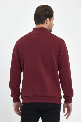 Cotton Lined Zippered Stand-Up Collar Side Pocket Men's Burgundy Cardigan-BURGUNDY - 1
