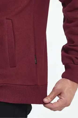 Cotton Lined Zippered Stand-Up Collar Side Pocket Men's Burgundy Cardigan-BURGUNDY - COMEOR (1)