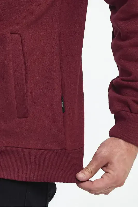 Cotton Lined Zippered Stand-Up Collar Side Pocket Men's Burgundy Cardigan-BURGUNDY - 2