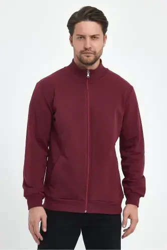 Cotton Lined Zippered Stand-Up Collar Side Pocket Men's Burgundy Cardigan-BURGUNDY - 4