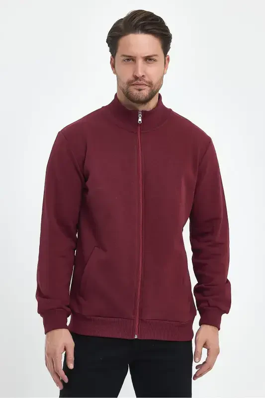 Cotton Lined Zippered Stand-Up Collar Side Pocket Men's Burgundy Cardigan-BURGUNDY - 4