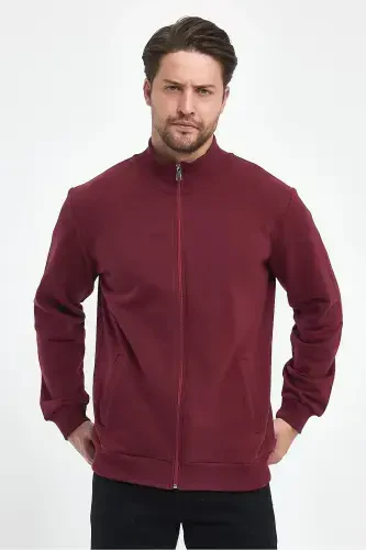 Cotton Lined Zippered Stand-Up Collar Side Pocket Men's Burgundy Cardigan-BURGUNDY - 6