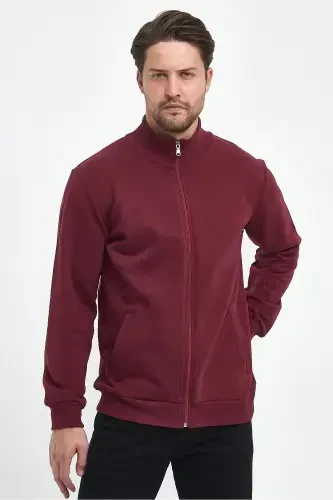 Cotton Lined Zippered Stand-Up Collar Side Pocket Men's Burgundy Cardigan-BURGUNDY - 7